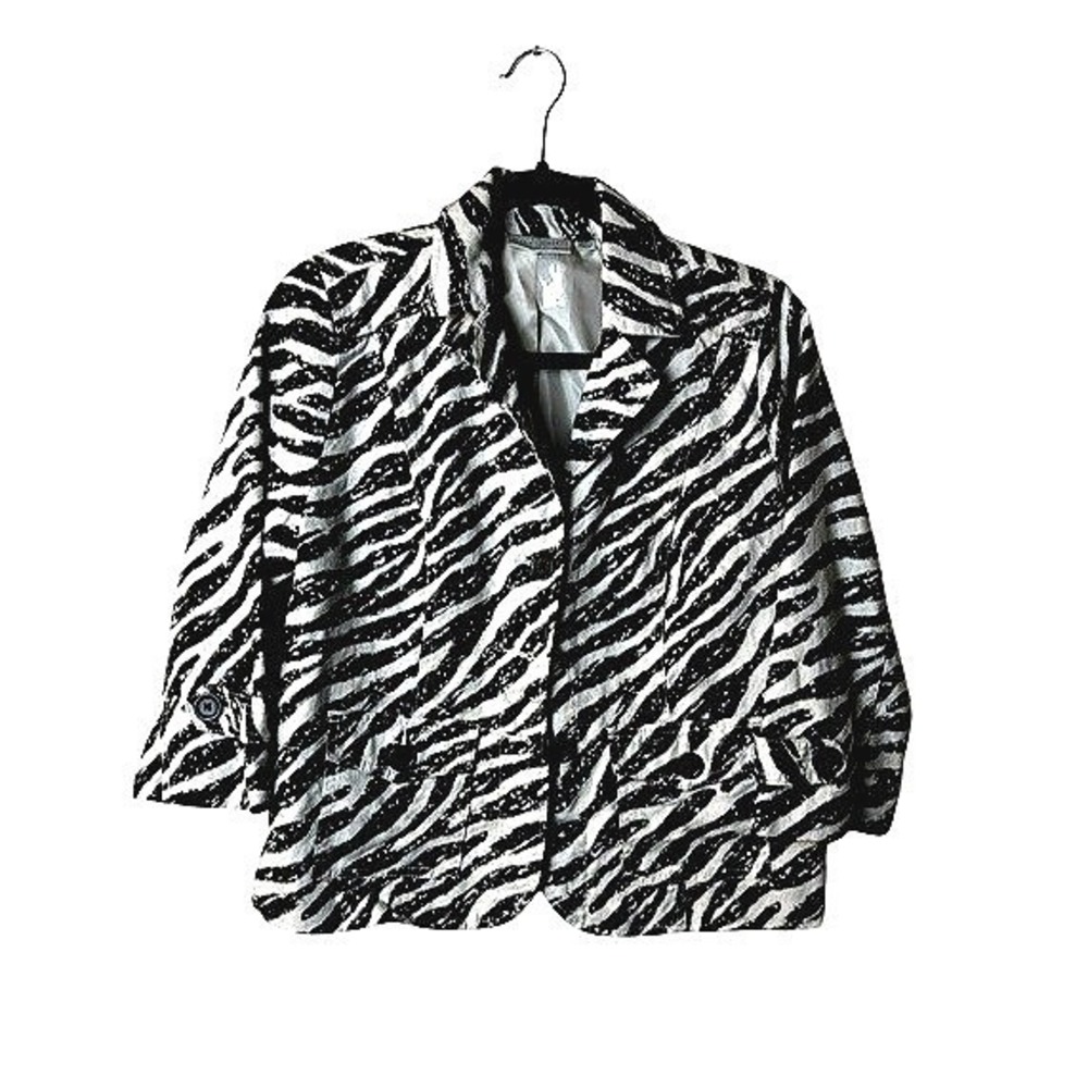 Women's Petite Medium Linen Blend Animal Print‎ Blazer Jacket Zebra Artsy